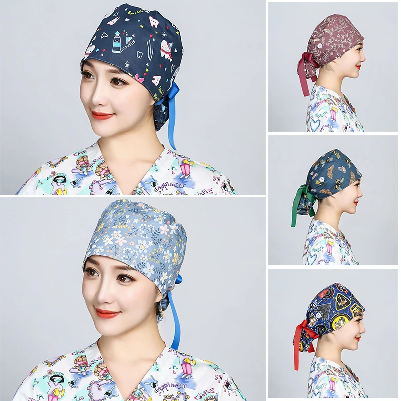 버튼이 있는 인쇄된 수술용 모자 스크럽 코튼 의사 랩  - Hair Care Hospital 리뷰 및 가격